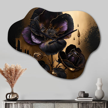 Black And Gold Violets II - Asymmetric Metal Wall Clock